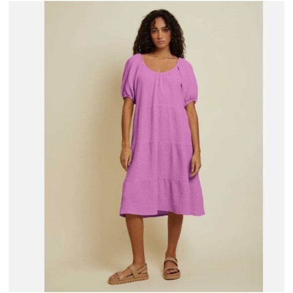 Nation LTD Mindy Peasant Tiered Midi Dress Size Large Gauze Crinkle Pink